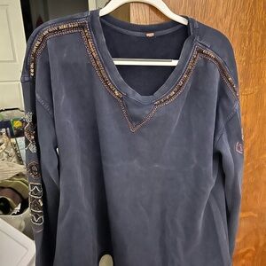 Free People Navy Embroidered Sweatshirt sequins beads Large L line stain across